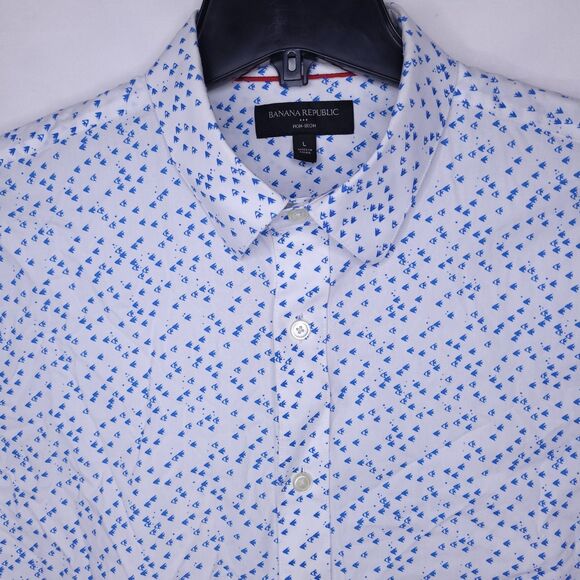Banana Republic Shirt Mens Large White Fish Print Non Iron Untucked Fit - Picture 1 of 12